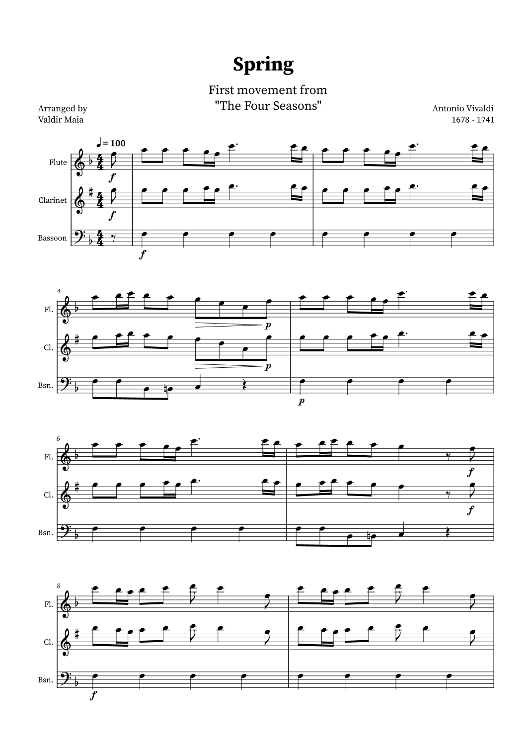Spring - The Four Seasons for Flute, Clarinet and Bassoon Trio (arr. Valdir Maia)