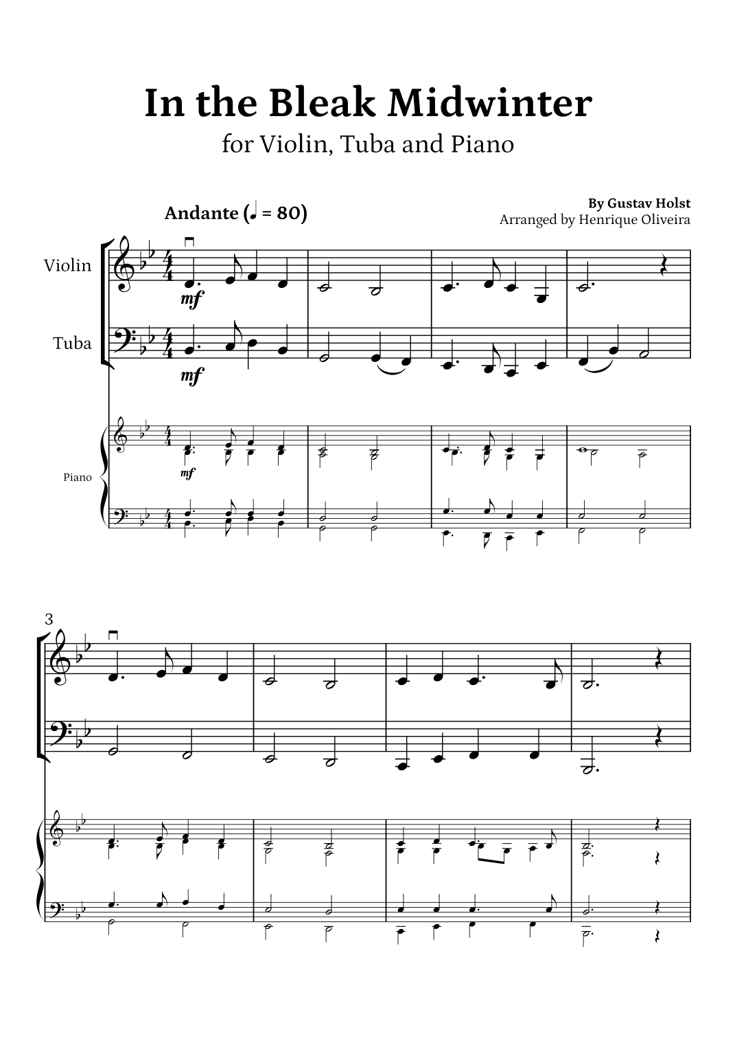 In the Bleak Midwinter (Violin, Tuba and Piano) - Beginner Level (arr. Henrique Oliveira)
