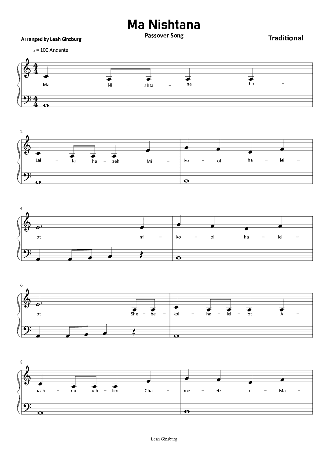 Ma Nishtana Passover song (arr. Leah Ginzburg)