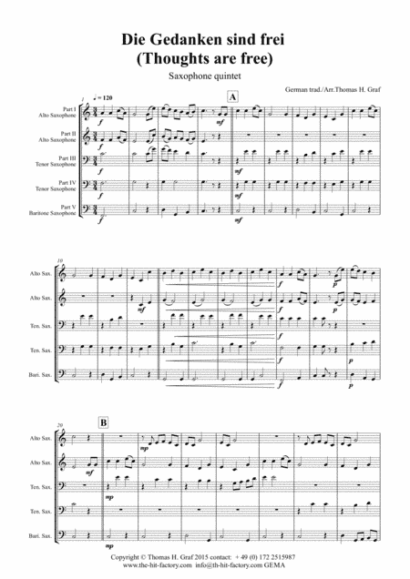Die Gedanken sind frei - (Thoughts are free) - German Folk Song  - Saxophone Quintet (arr. Thomas H. Graf)