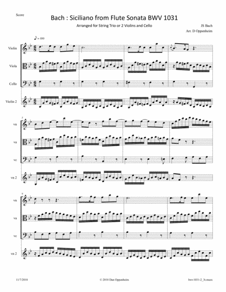 Bach: Siciliano from Flute Sonata BWV 1031 arranged for String Trio or 2 Violins and Cello (arr. D Oppenheim)