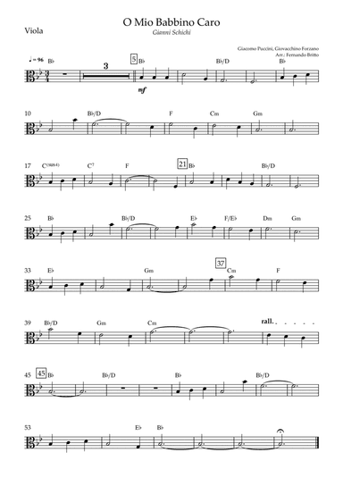 O Mio Babbino Caro (Puccini) for Viola Solo with Chords (arr. Fernando Britto)