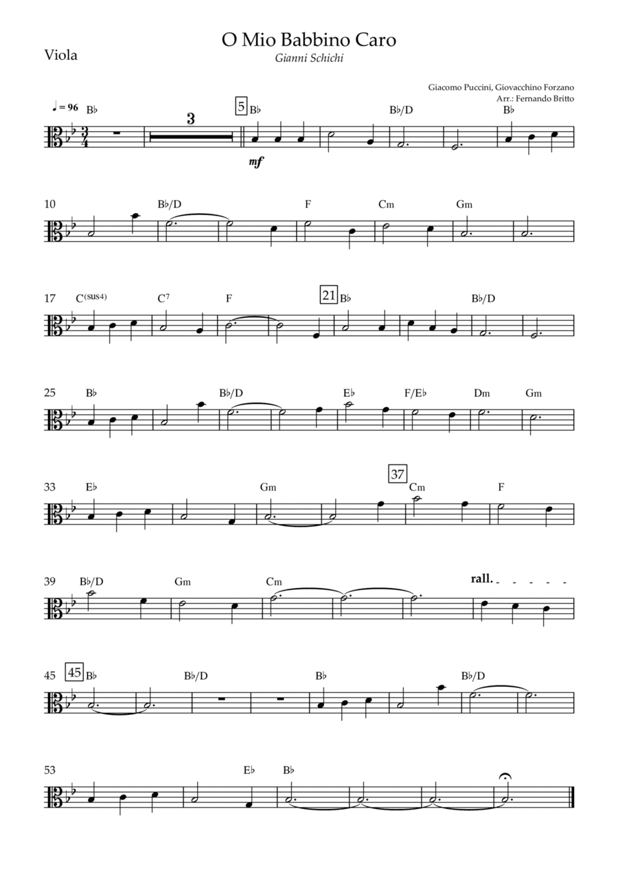 O Mio Babbino Caro (Puccini) for Viola Solo with Chords (arr. Fernando Britto)