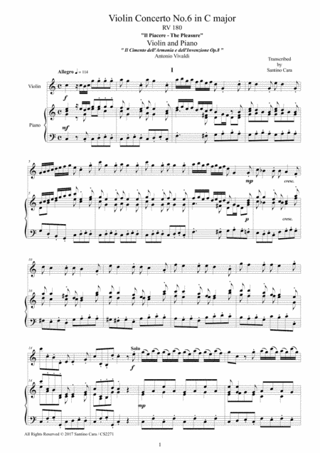 Vivaldi - Concerto No.6 in C major - Il Piacere - RV 180 Op.8 for Violin and Piano (arr. Santino Cara)