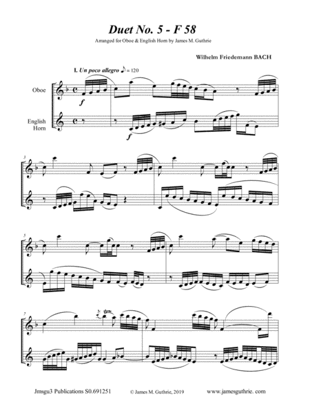 WF Bach: Duet No. 5 for Oboe & English Horn (arr. James M. Guthrie, ASCAP)