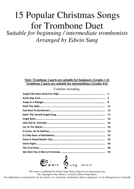 15 Popular Christmas Songs for Trombone Duet (Suitable for beginning / intermediate trombonists) (arr. Edwin Sung)