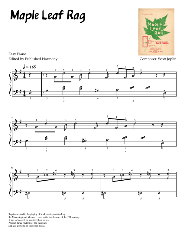 Maple Leaf Rag EASY Arrangement with note names & finger numbers (arr. Published Harmony)