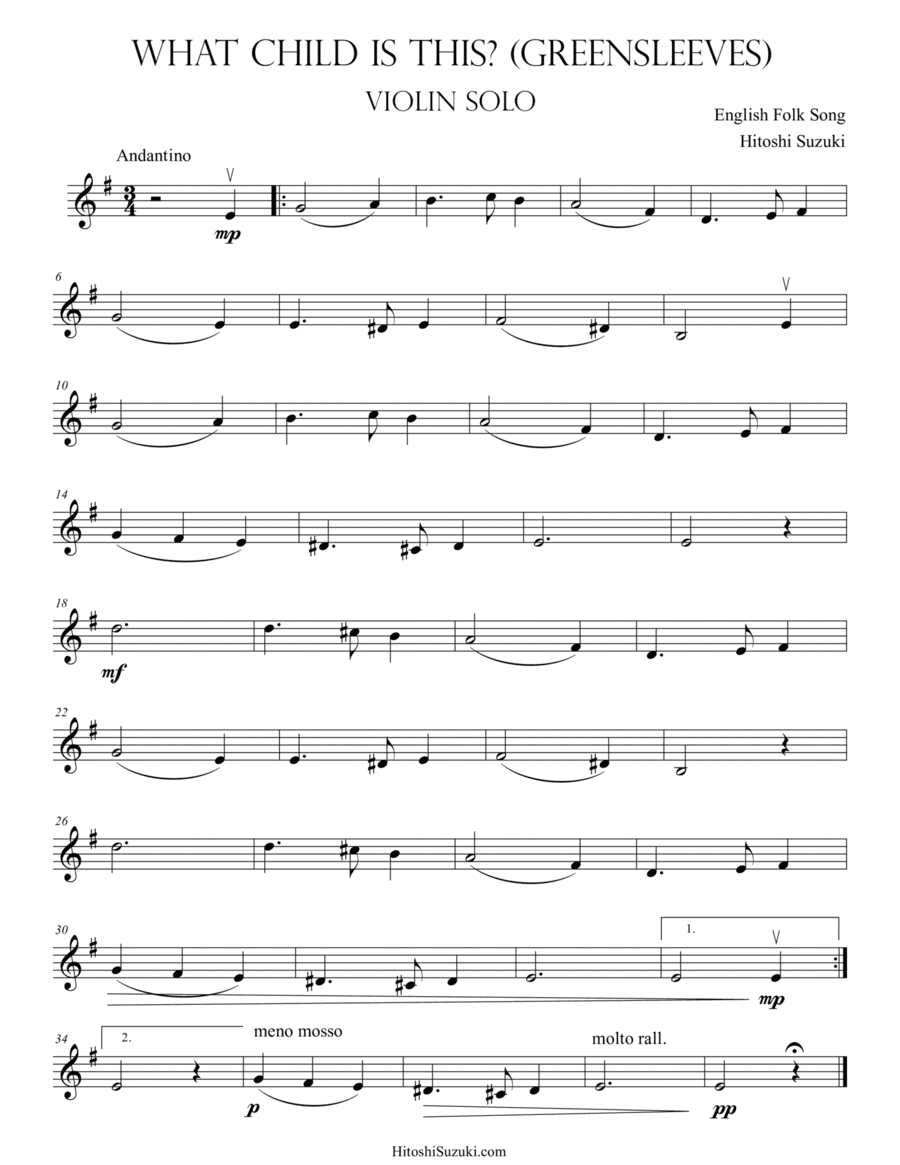 Greensleeves (What Child Is This?) for Violin Solo (arr. Hitoshi Suzuki)