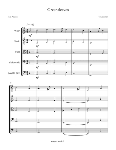 greensleeves string quintet sheet music (arr. Arezzo Music)