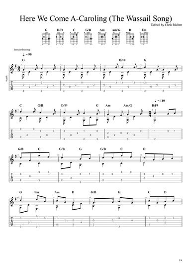 Here We Come a-Caroling (The Wassail Song) (Solo Fingerstyle Guitar Tab) (arr. Chris Richter)