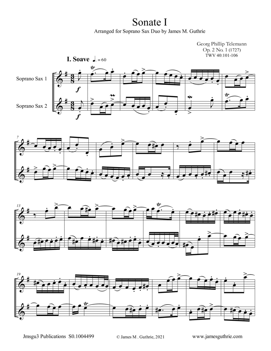 Telemann: Sonata Op. 2 No. 1 for Soprano Sax Duo (arr. James M. Guthrie)