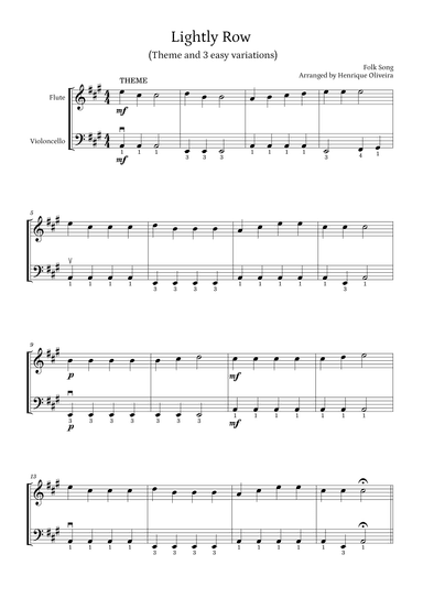 Lightly Row (Theme with 3 Easy Variations) - For Flute and Cello (arr. Henrique Oliveira)