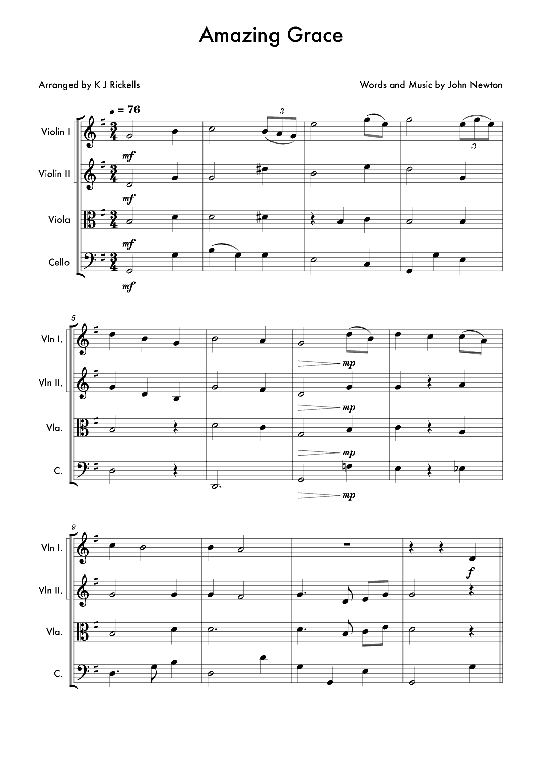 Amazing Grace - String Quartet (arr. K J Rickells)