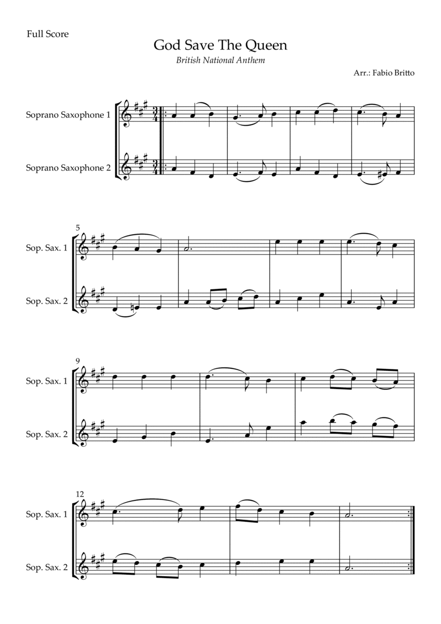 God Save The Queen (British National Anthem) for Soprano Saxophone Duo (arr. Fabio Britto)