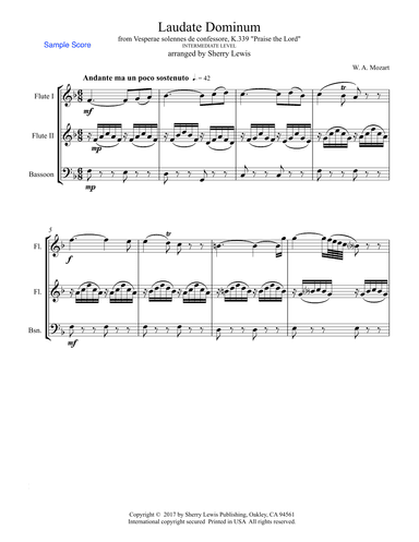 Laudate Dominum, Woodwind Trio, Intermediate Level of 2 flutes and bassoon (arr. Sherry Lewis)