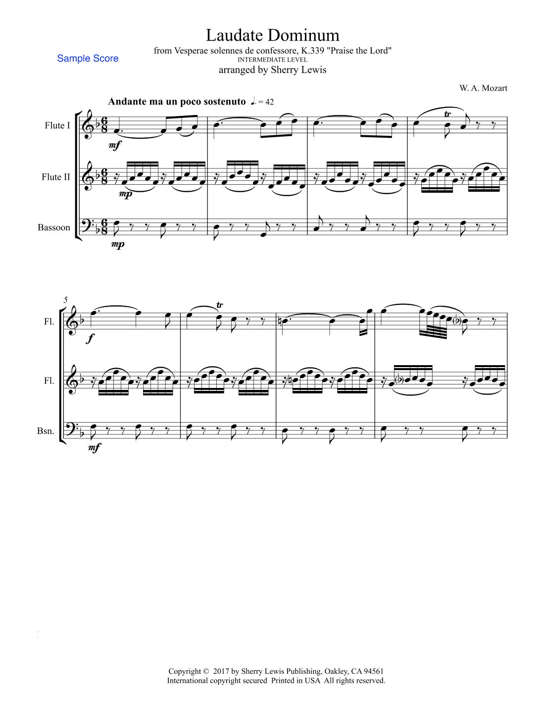 Laudate Dominum, Woodwind Trio, Intermediate Level of 2 flutes and bassoon (arr. Sherry Lewis)
