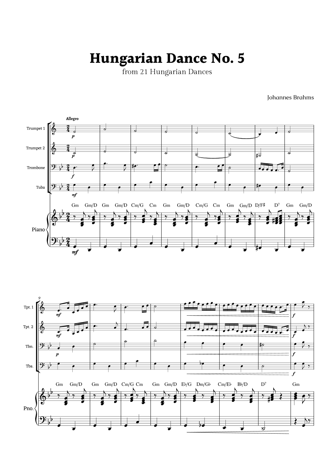 Hungarian Dance No. 5 by Brahms for Brass Quartet and Piano (arr. Rika K.)