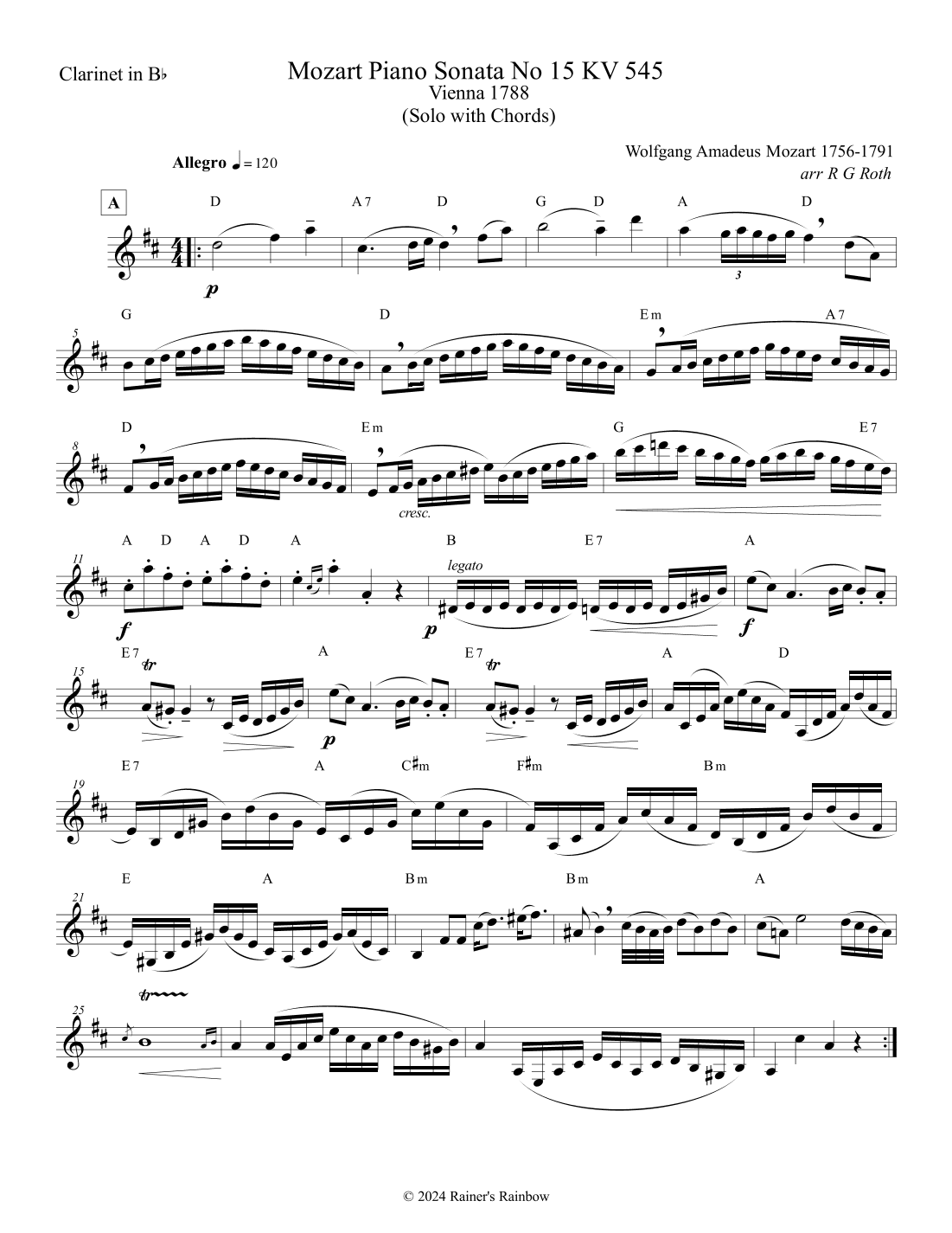 Mozart 1788 Piano Sonata KV 545 for Bb or A Clarinet Solo with Chords (arr. R G Roth)