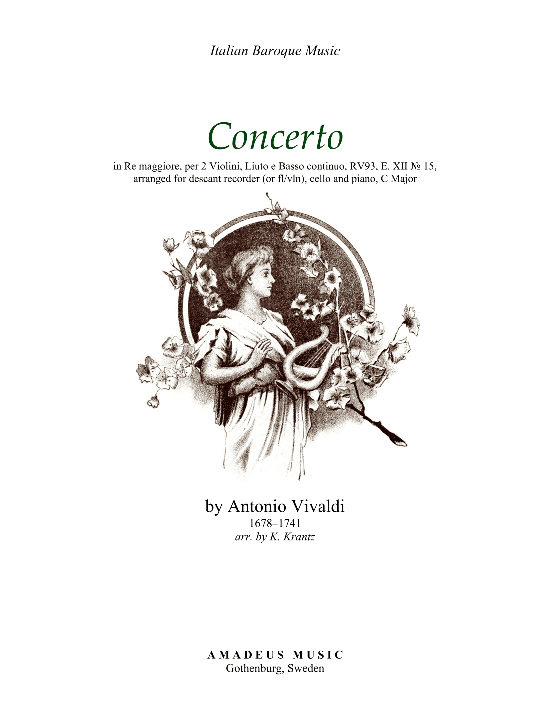 Concerto in D Major RV93, E XII No. 15 for descant recorder, cello and piano (C major) (arr. K. Krantz)