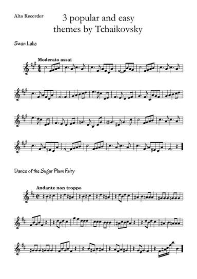 3 popular and easy themes by Tchaikovsky with accompaniment and chord symbols for Alto Recorder (arr. Leyandder Trustworthy)