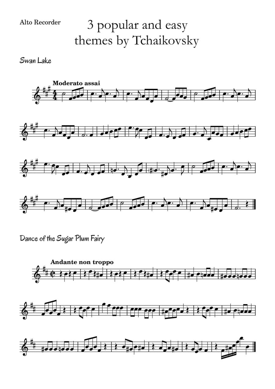 3 popular and easy themes by Tchaikovsky with accompaniment and chord symbols for Alto Recorder (arr. Leyandder Trustworthy)
