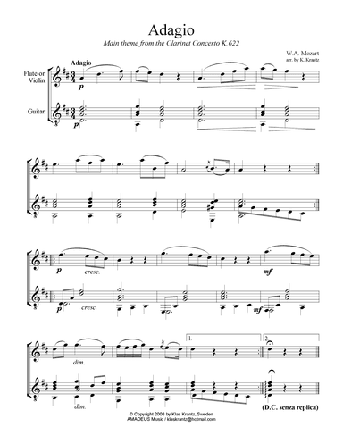 Adagio from the clarinet concerto (theme) for flute or violin and easy guitar (arr. K. Krantz)
