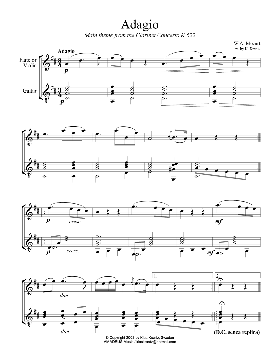 Adagio from the clarinet concerto (theme) for flute or violin and easy guitar (arr. K. Krantz)