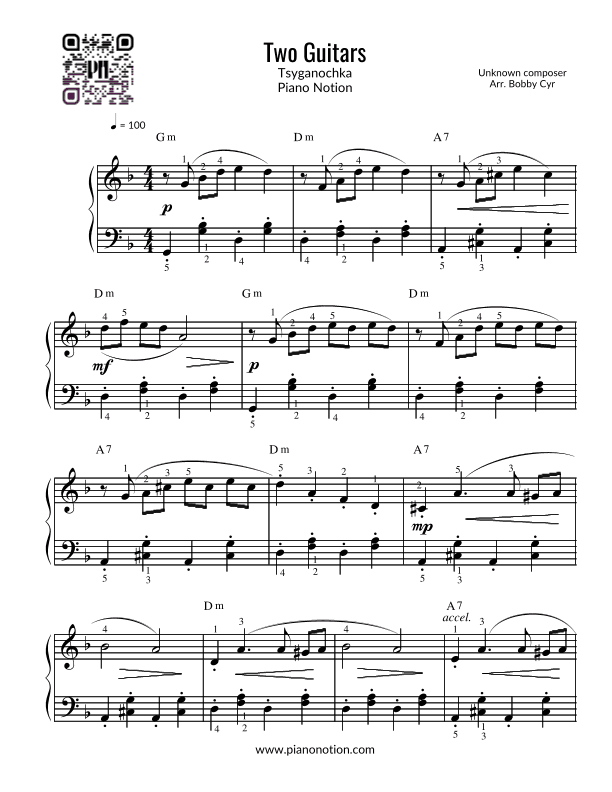 Two Guitars - Les deux Guitares - Tsyganochka (Piano Solo) (arr. Bobby Cyr)
