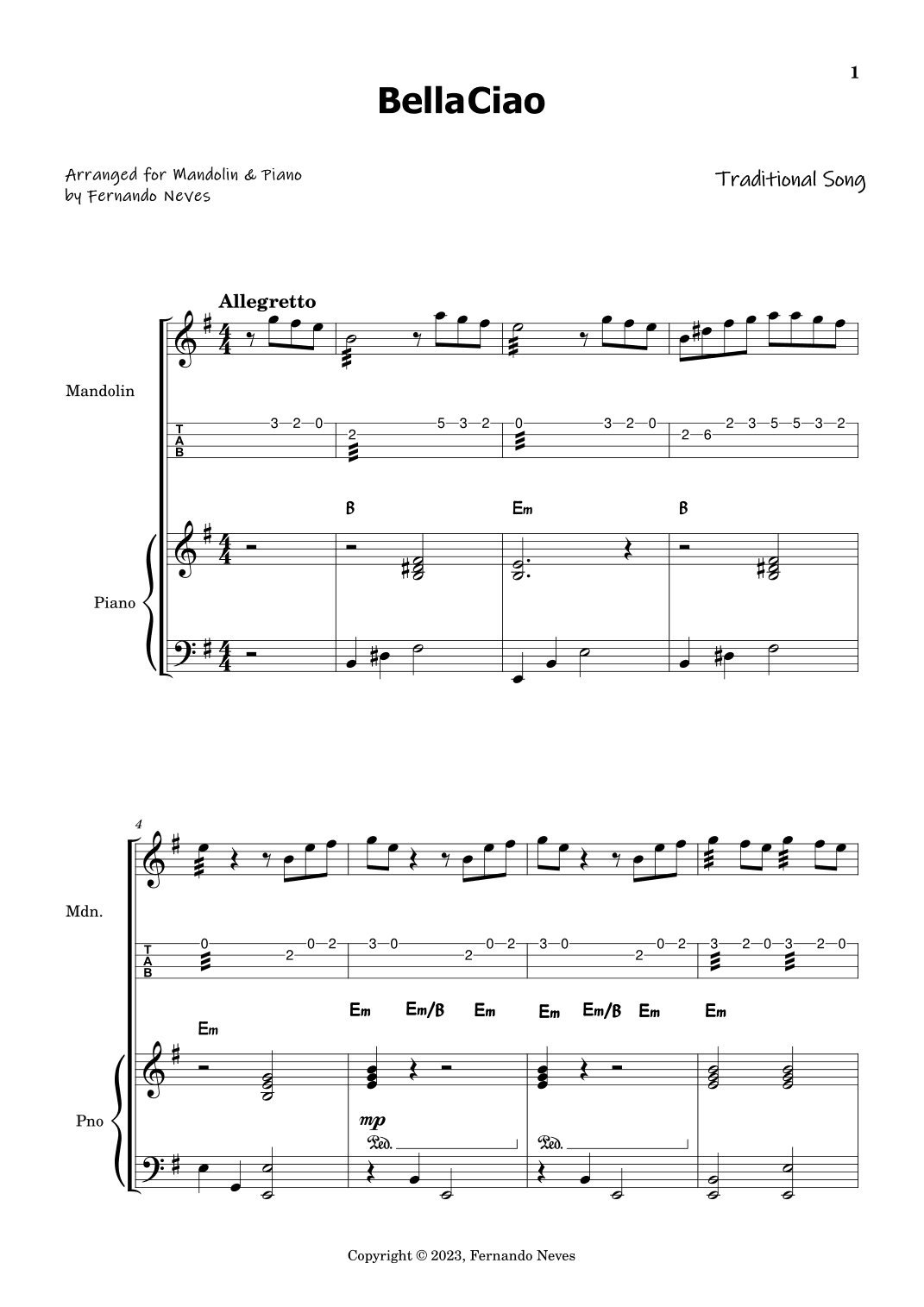 Bella Ciao for Mandolin & Piano (arr. FERNANDO LUIZ NEVES)