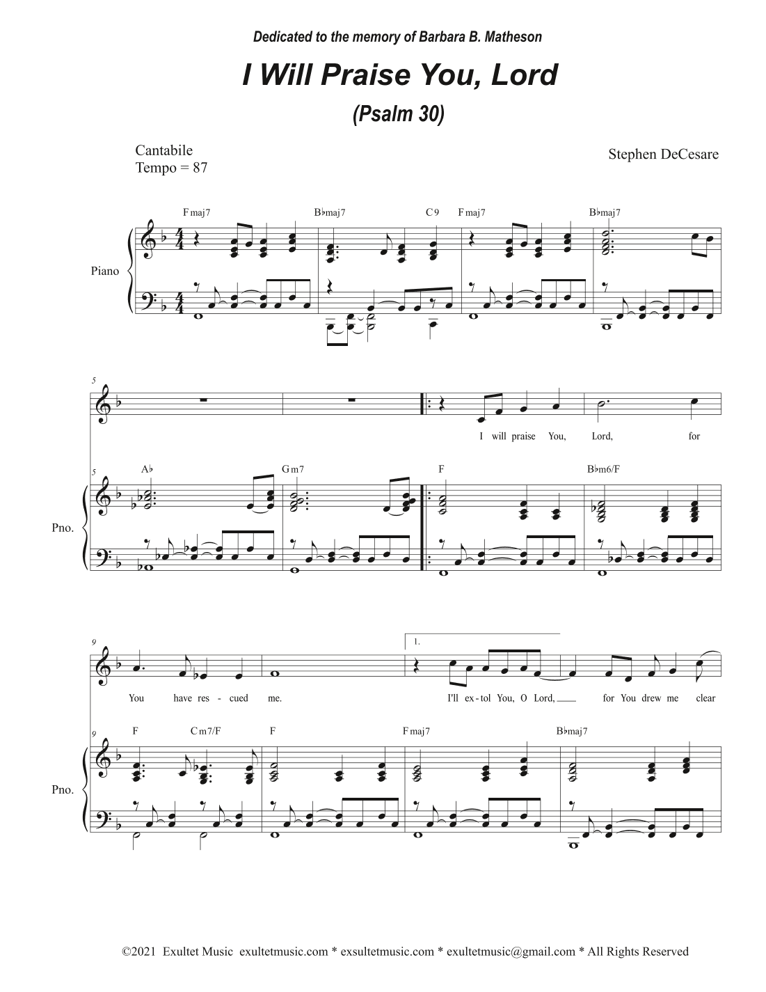 I Will Praise You, Lord (Psalm 30) (Vocal Score)