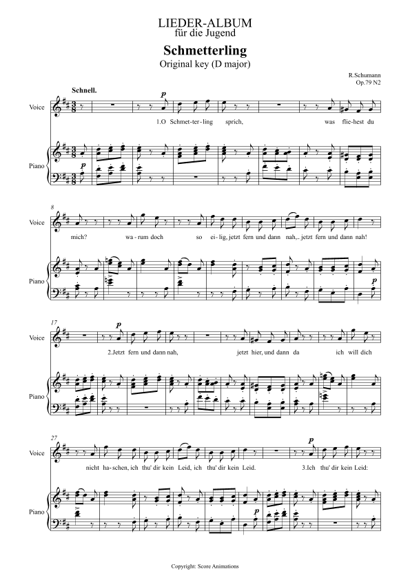 Schmetterling Op 79 N2 in D major (Original key) (arr. Score Animations)