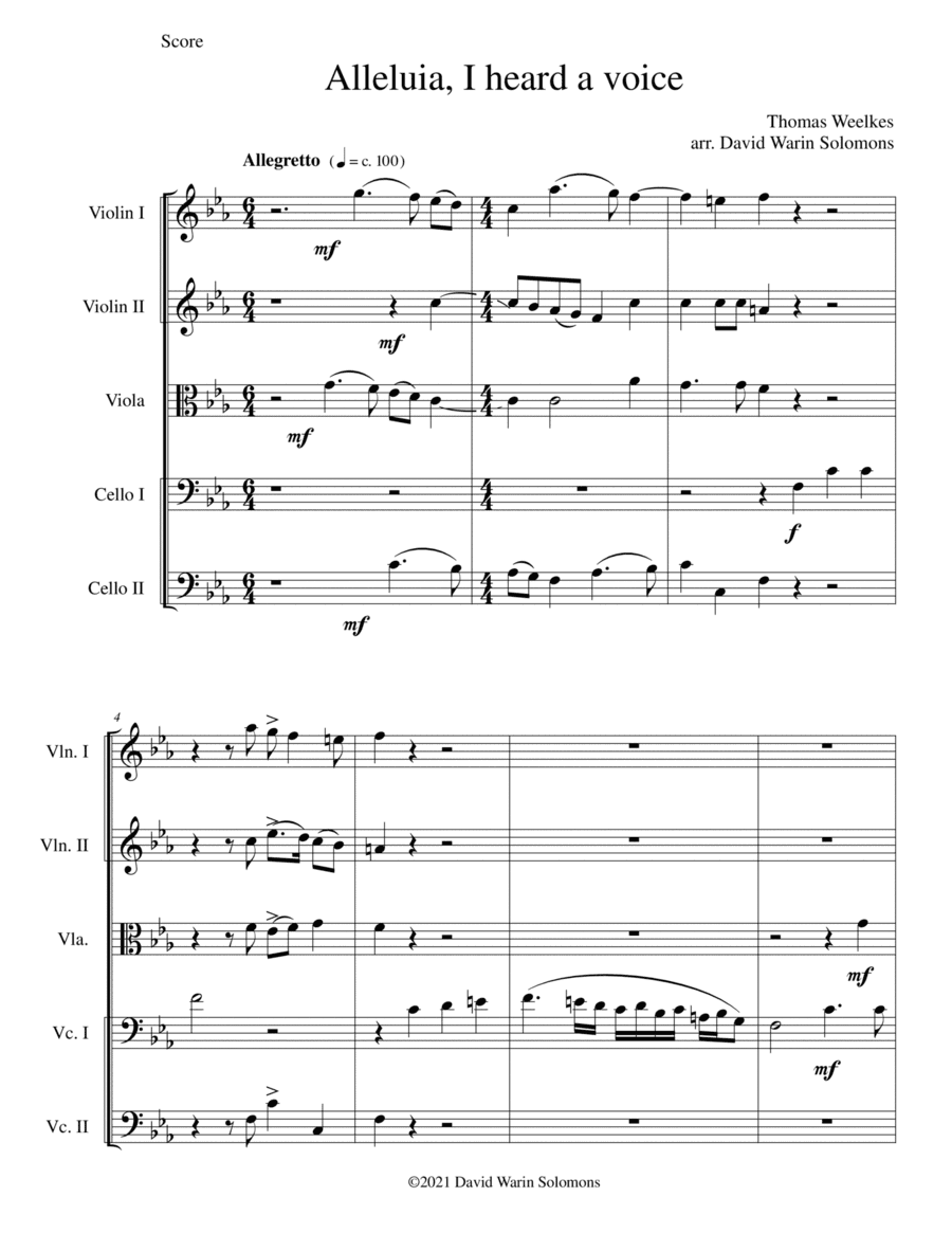 Alleluia, I heard a voice arranged for string quintet (arr. David Warin Solomons)