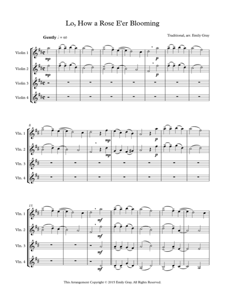 Lo, How a Rose E'er Blooming (4 violins) (arr. Emily Gray)