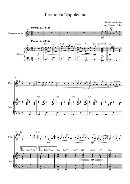Tarantella Napoletana Trumpet in Bb and Piano (arr. Tomaz Nedoh)