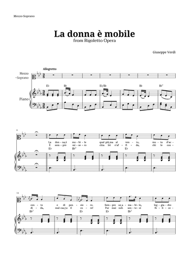 La donna è mobile in E-flat major for Mezzo Soprano and Piano (arr. Langanho)