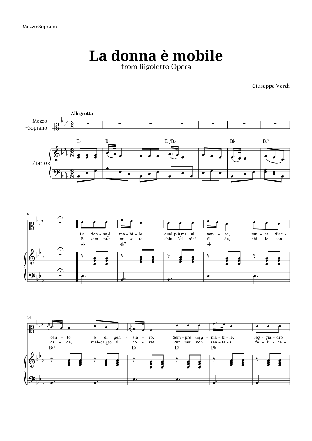 La donna è mobile in E-flat major for Mezzo Soprano and Piano (arr. Langanho)