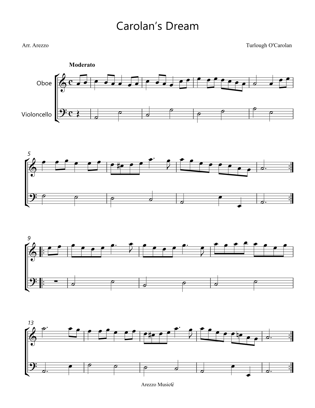 carolan's dream - oboe and cello sheet music turlough'o carolan (arr. Arezzo Music)