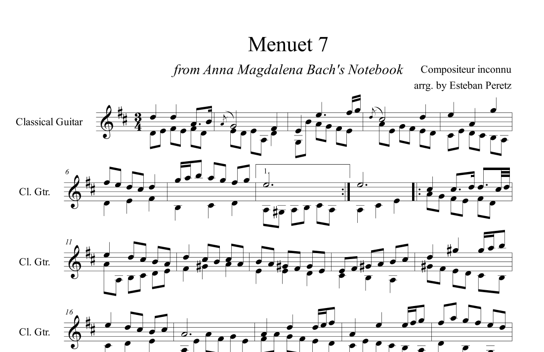 Menuet 7 from Anna Magdalena Bach's Notebook for Classical Guitar (arr. Esteban Peretz)