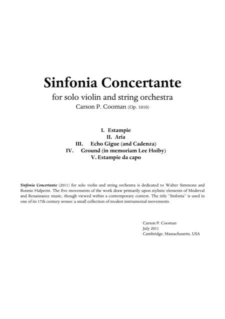 Carson Cooman: Sinfonia Concertante for solo violin and string orchestra:  score plus solo part only