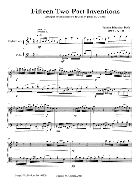 Bach: 15 Two-Part Inventions for English Horn & Cello (arr. James M. Guthrie, ASCAP)