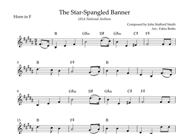 The Star Spangled Banner (USA National Anthem) for Horn in F Solo with Chords (E Major) (arr. Fabio Britto)