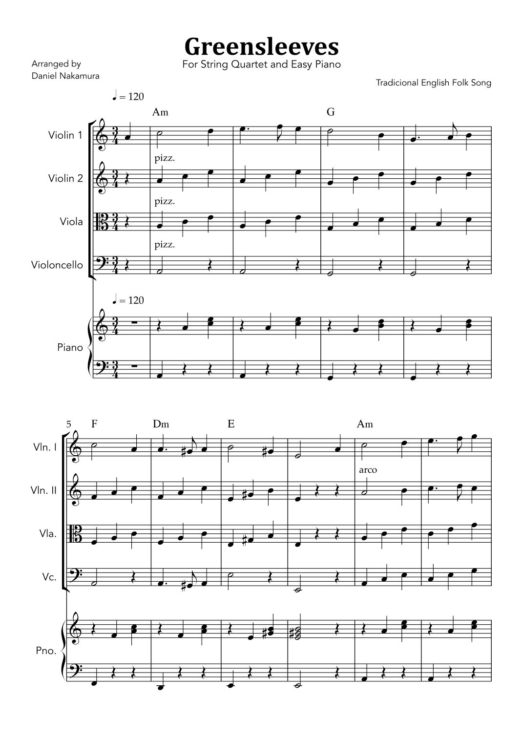 Greensleeves (for String Quartet with Easy Piano) (arr. Daniel Nakamura)
