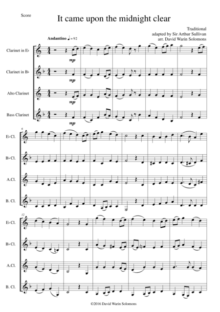 It came upon the midnight clear for clarinet quartet (E flat, Bflat, Alto and Bass) (arr. Sir Arthur Sullivan, David Warin Solomons)