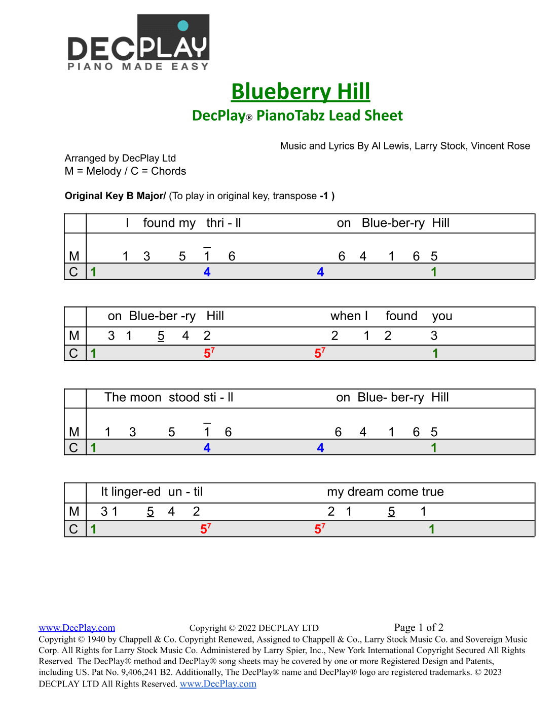 Blueberry Hill (arr. DecPlay Ltd)