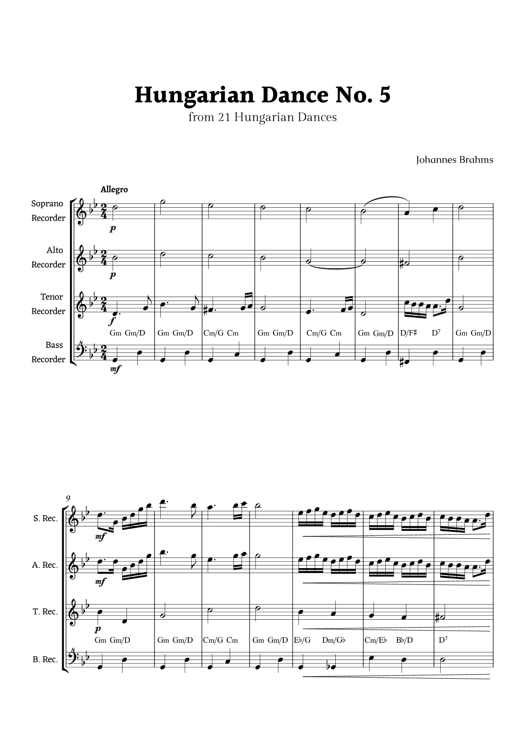 Hungarian Dance No. 5 by Brahms for Recorder Ensemble Quartet (arr. Rika K.)
