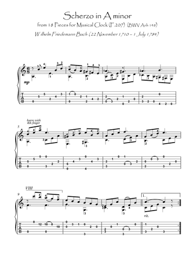 Bach for Guitar Musical Clock Scherzo guitar solo (arr. PianoSheetNow)