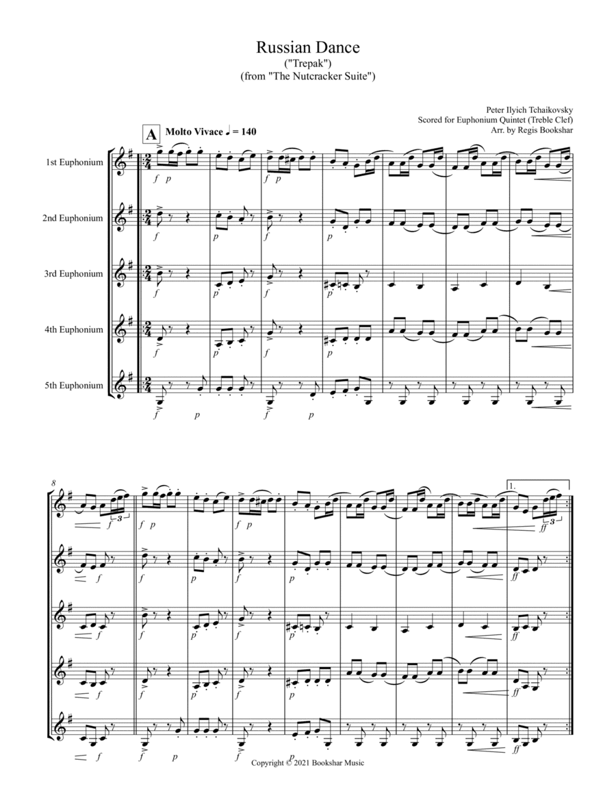 Russian Dance ("Trepak") (from "The Nutcracker Suite") (F) (Euphonium Quintet - Treble Clef) (arr. Regis Bookshar)