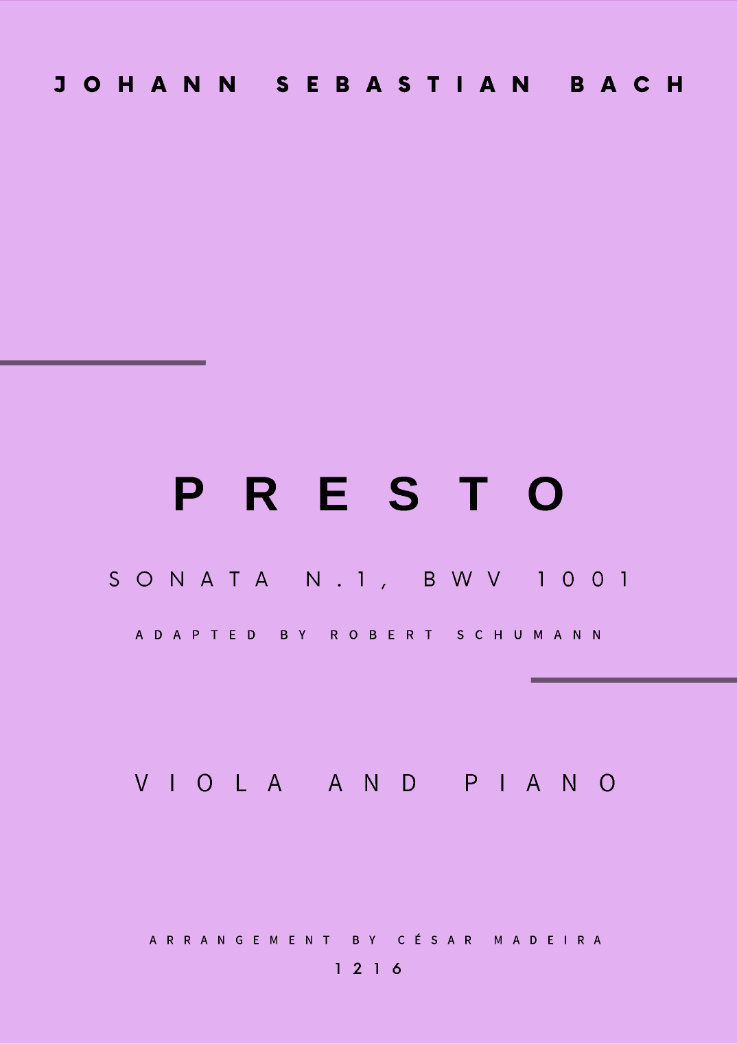 Presto from Sonata No.1, BWV 1001 - Viola and Piano (Full Score and Parts) (arr. César Madeira)
