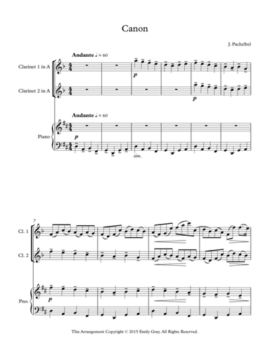 Pachelbel's Canon for 2 Clarinets and Piano (arr. Emily Gray)