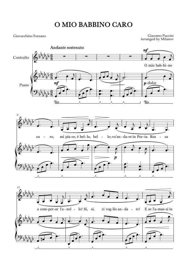 O Mio Babbino Caro | Female Voice Contralto | G-flat Major | Piano accompaniment | Pedal (arr. Milanov)
